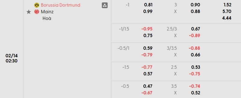 Tỷ lệ kèo Dortmund vs Mainz 05
